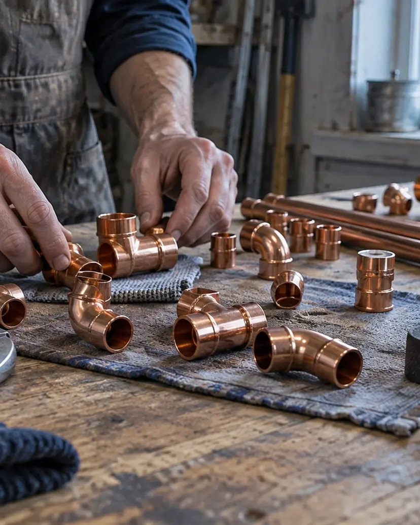 Hands arranging copper fittings and plumbing tools on a workshop bench