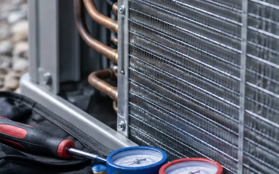 AC service gauges and condenser coil close-up