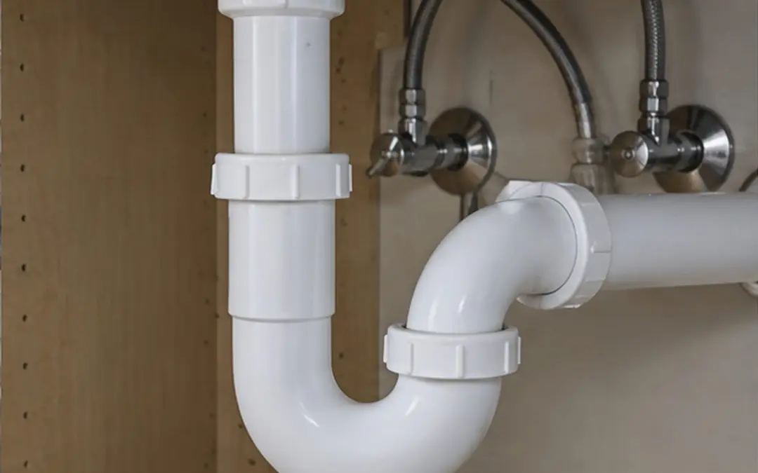 Clean white drain trap beneath a kitchen sink