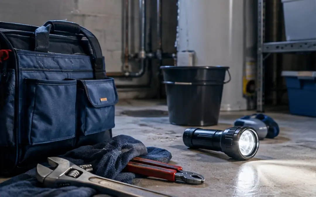 Plumbing tools and flashlight on a utility room floor