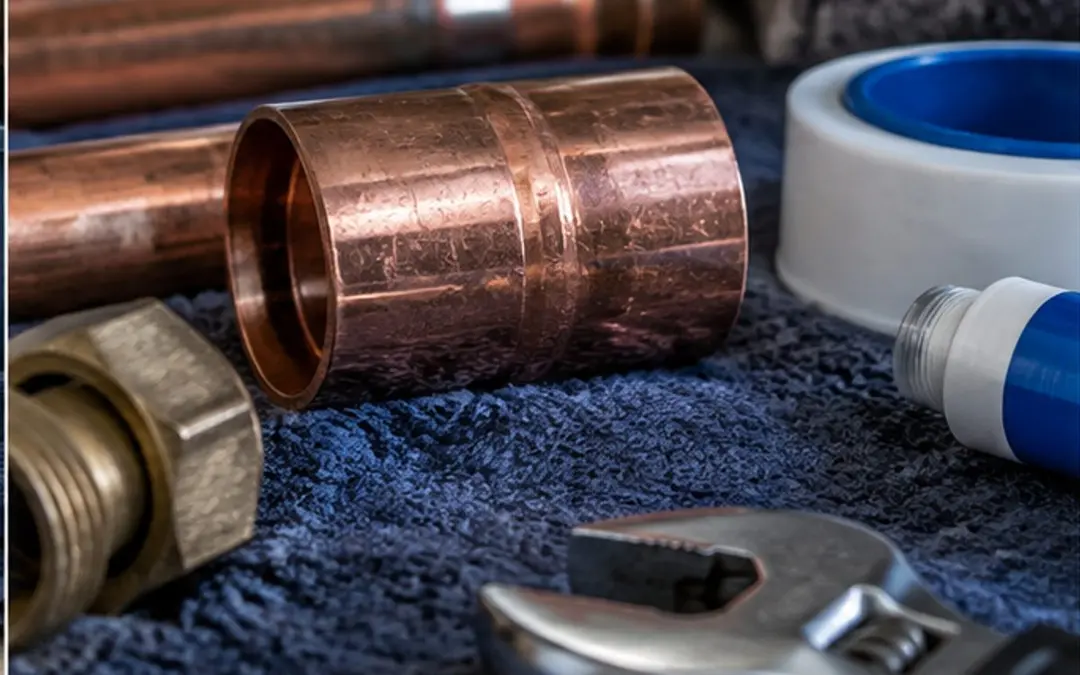 Copper fittings and repair tools laid out on a dark cloth
