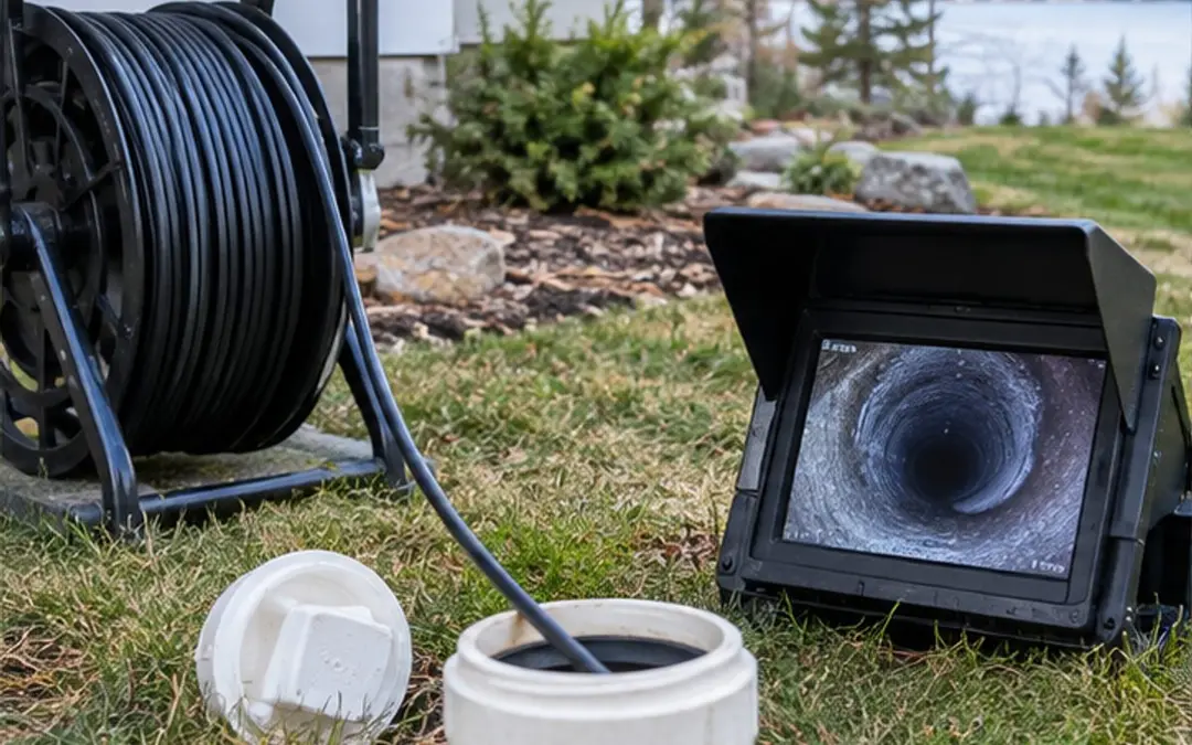 Inspection camera cable near a residential sewer cleanout