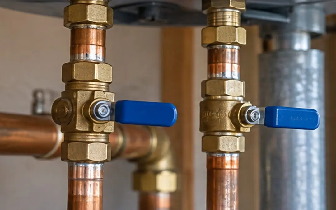 Close view of water heater shutoff valves and connections