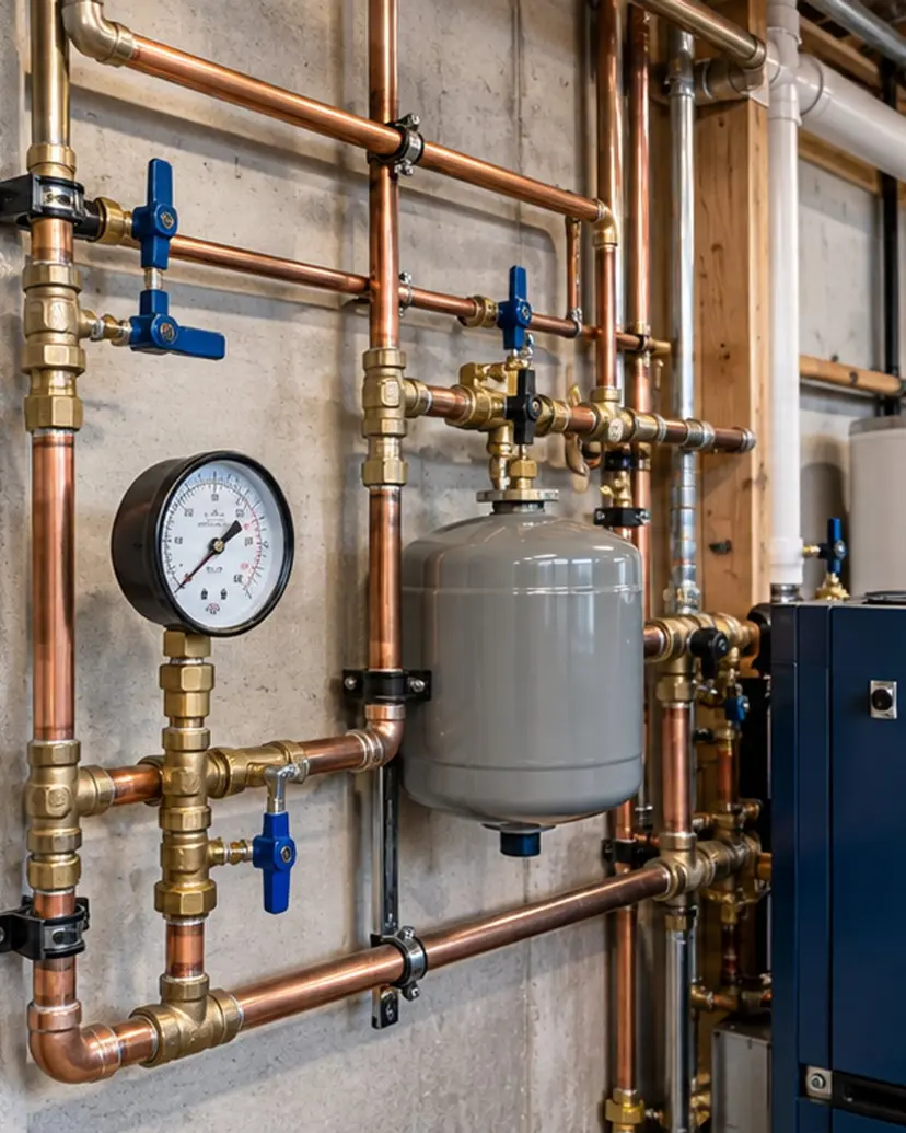Copper plumbing lines and gauge in a residential utility room