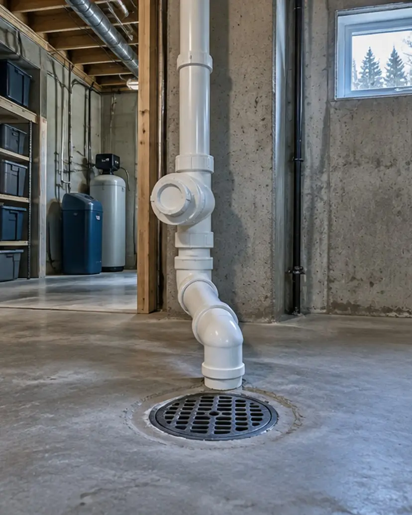 Basement floor drain and accessible drain piping