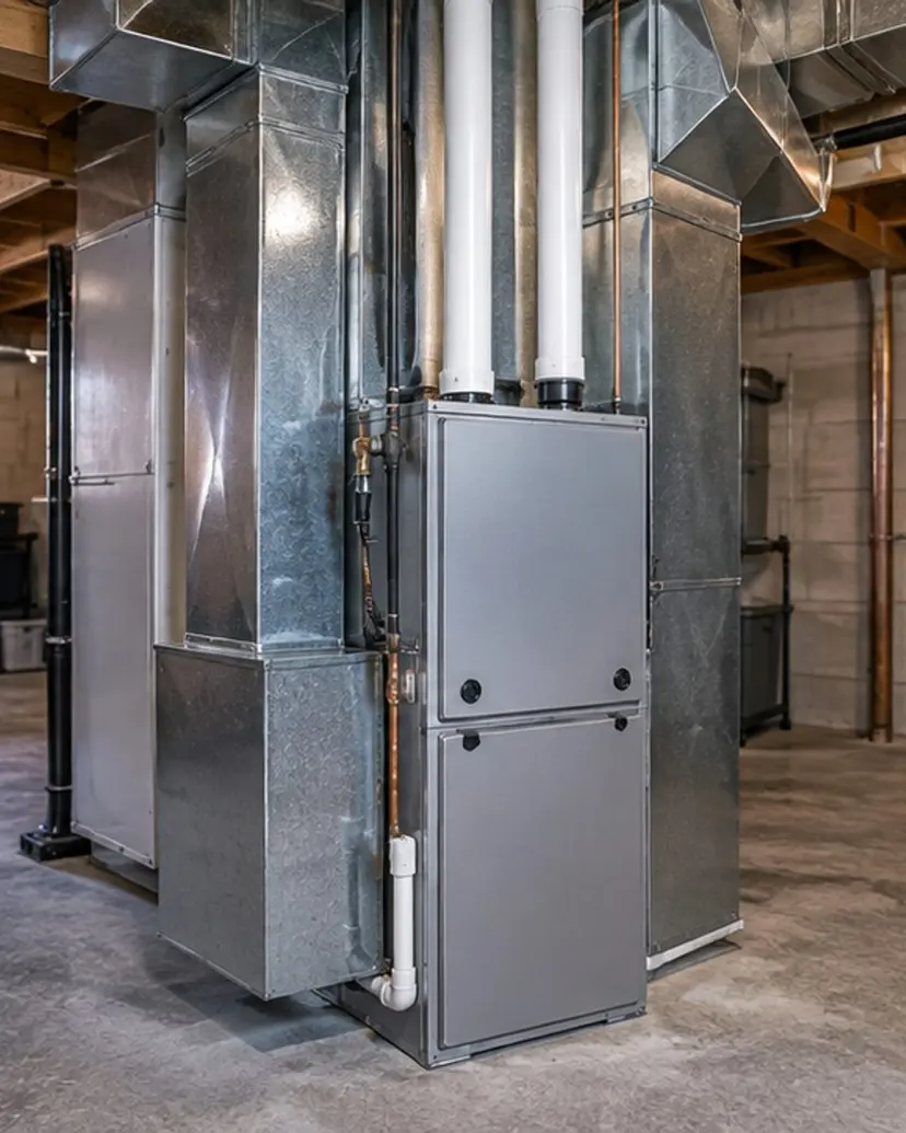 Installed furnace and duct system in an unfinished basement