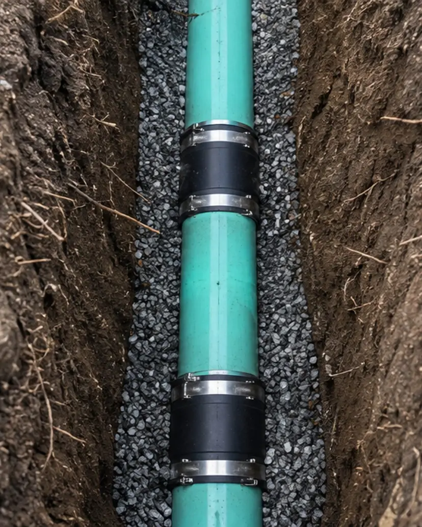 Repaired sewer pipe in a narrow residential trench