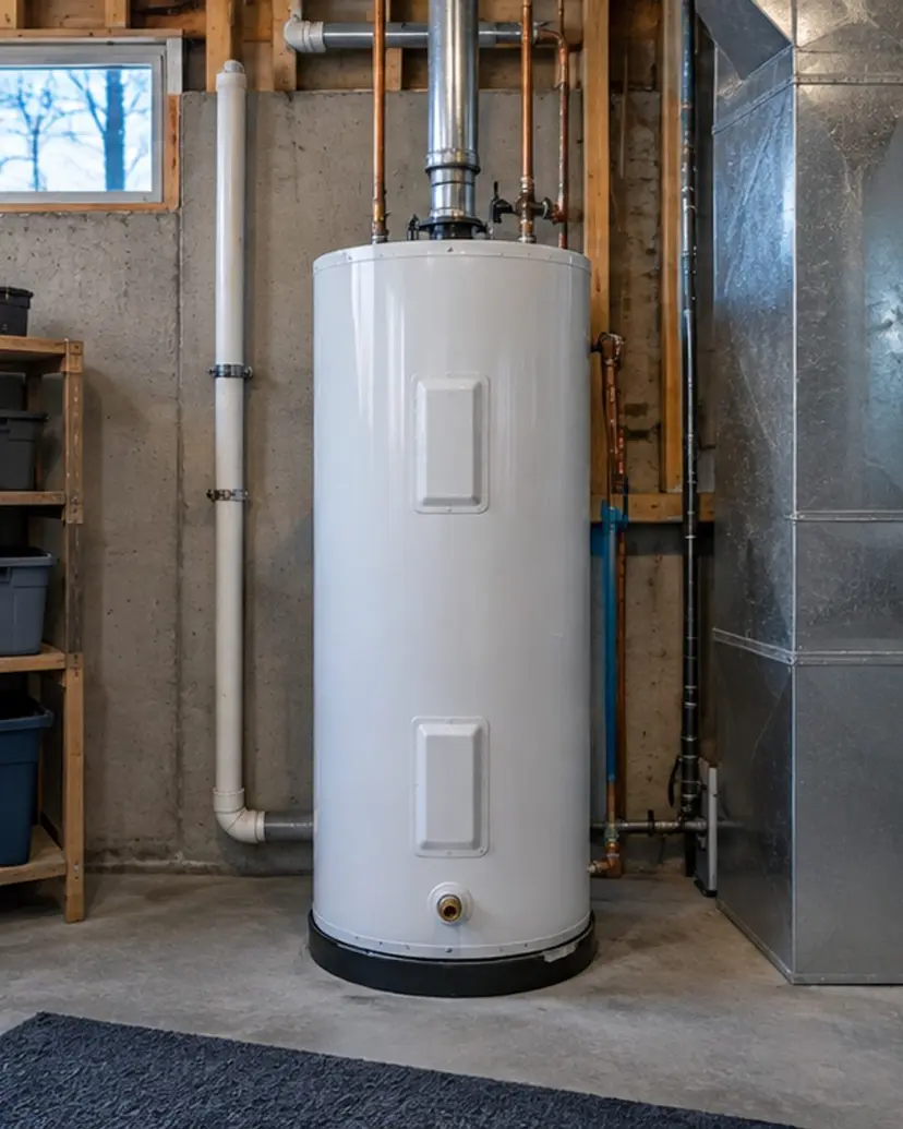 Installed water heater in a clean residential basement