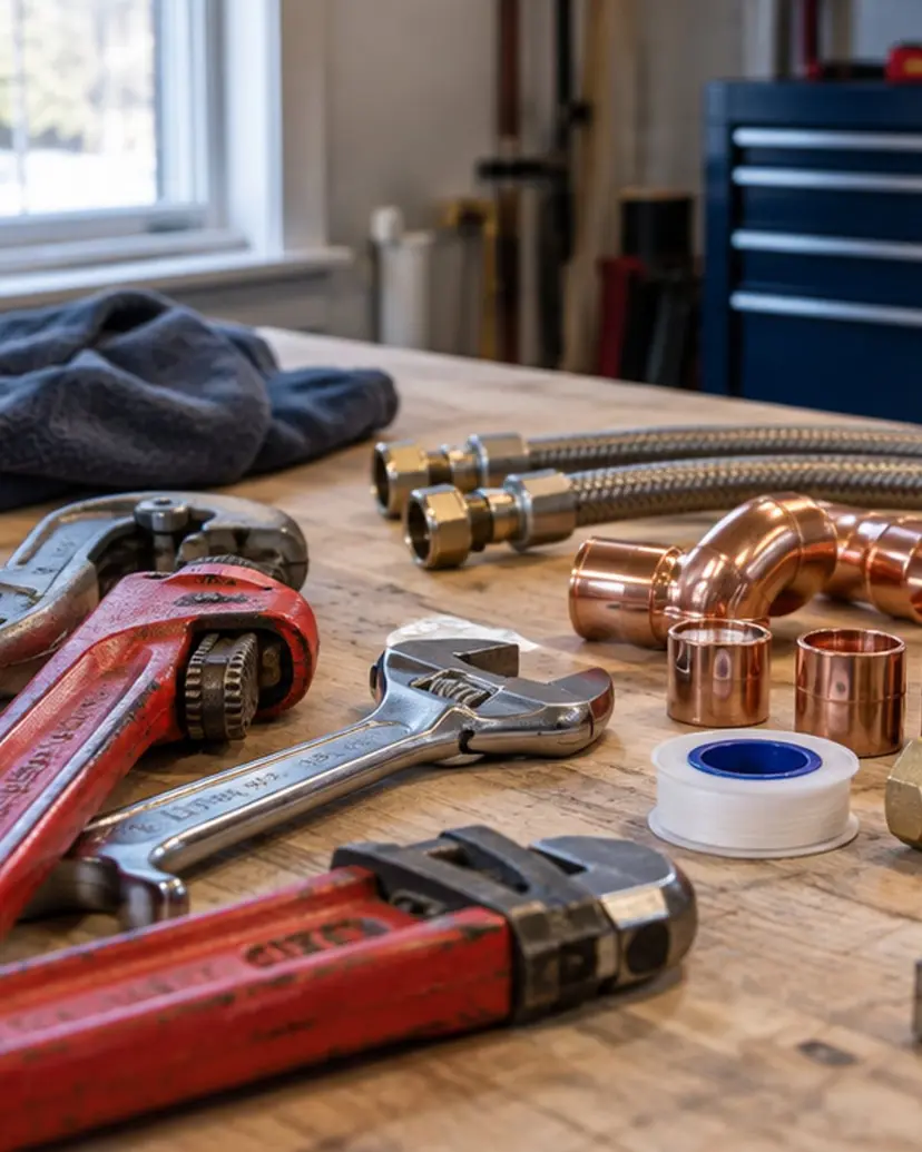 Plumbing tools and copper fittings on a workbench