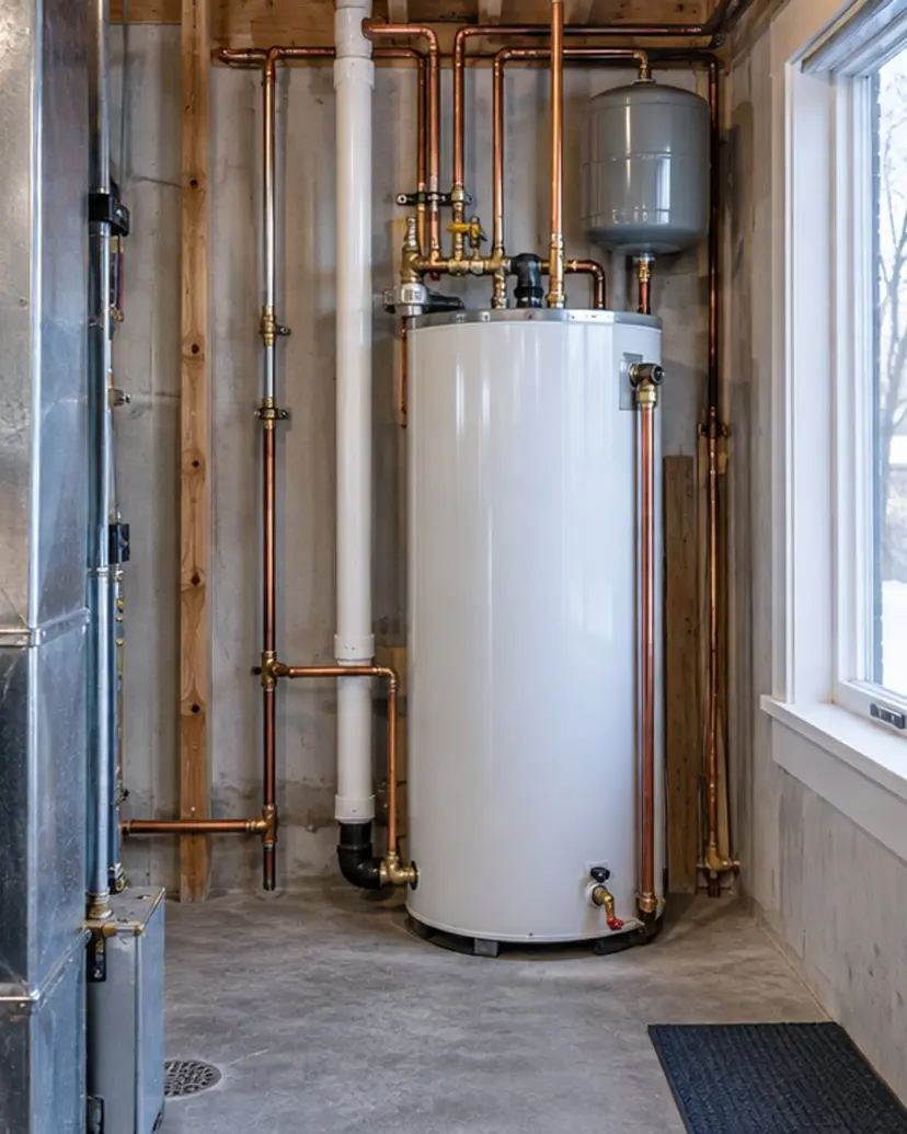 Water heater and finished copper plumbing in a utility room